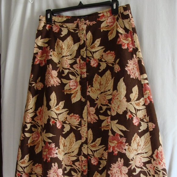CHAPS Brown & Pink FLORAL Print BUTTON Front LINEN Blend SKIRT Sz 4 - Picture 1 of 6
